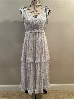 Women’s white with yellow lavender Floral Tiered Midi Dress with Ruffled Details